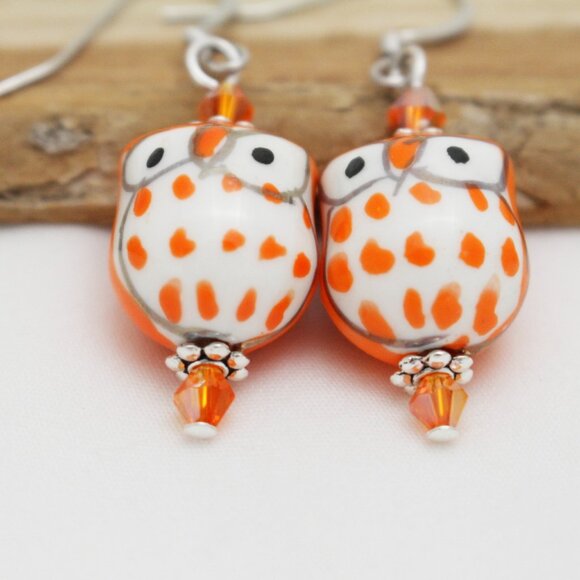 Orange Hand Painted Porcelain Owl Beaded Earrings - Handmade & Hypoallergenic - Picture 4 of 7